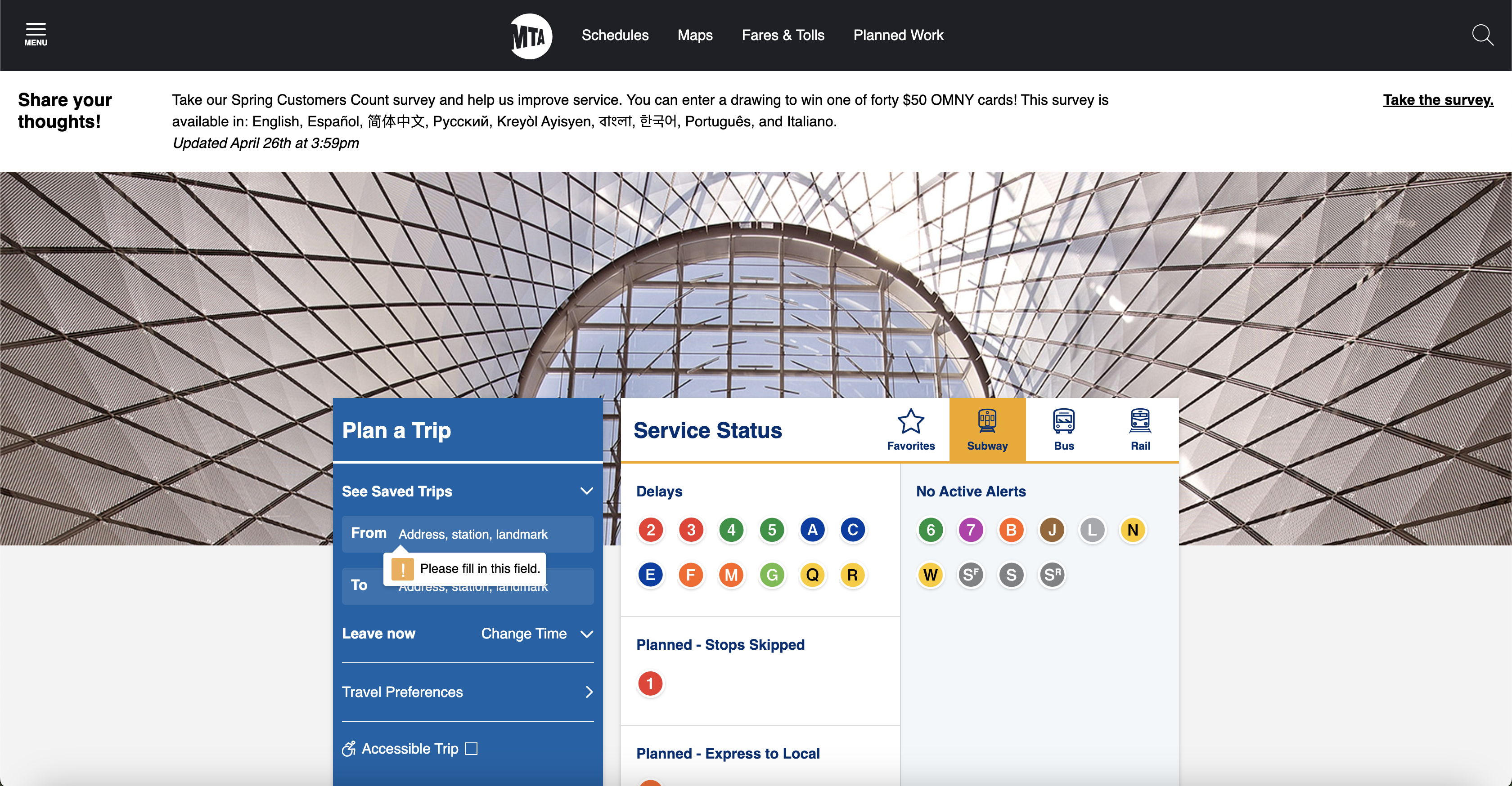 Screenshot of Metropolitan Transportation Authority website, illustrating understandable web design.